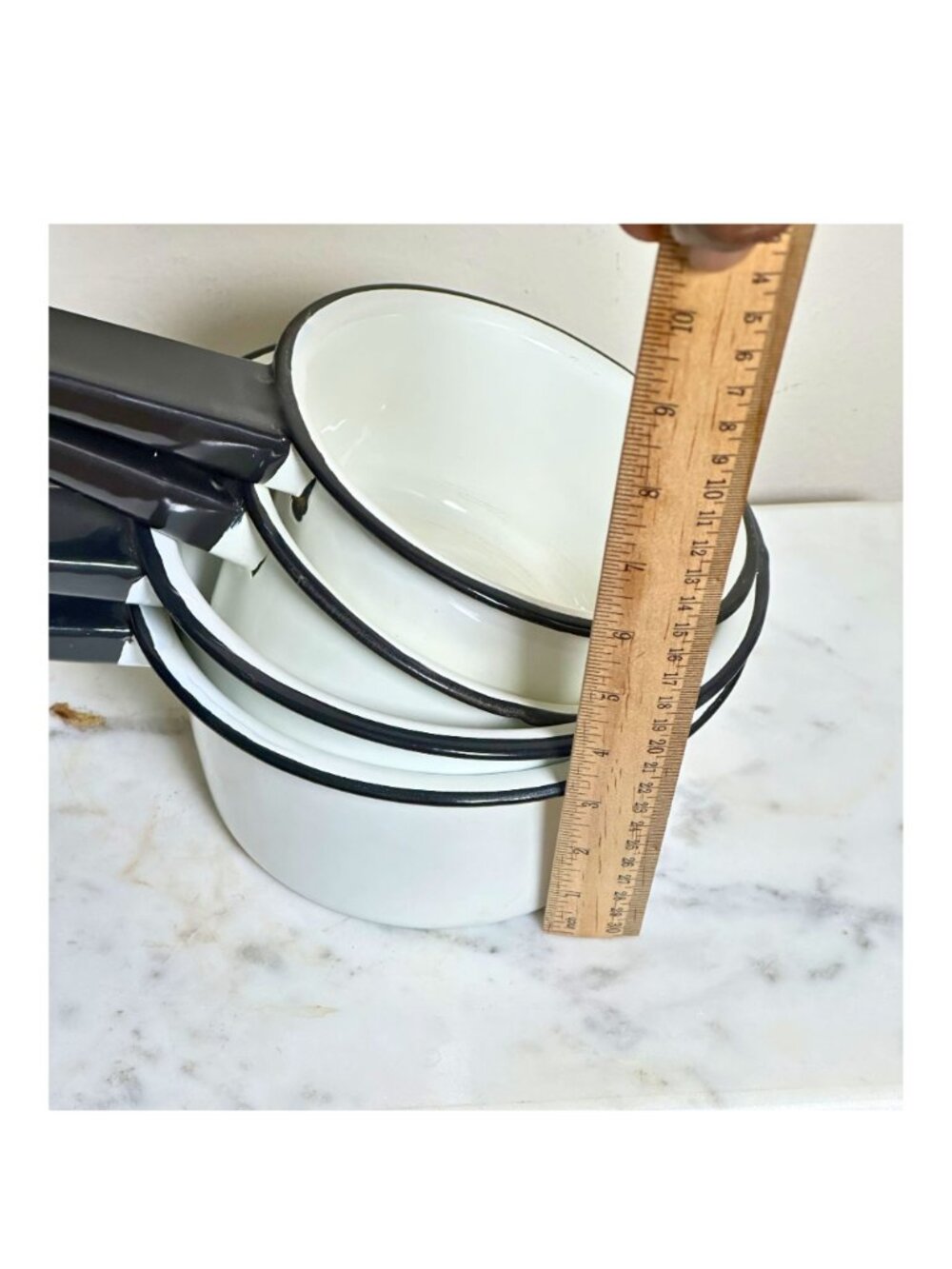 Vintage White Enamelware Saucepan Set of 4 | Black Trim Nesting Pots | Farmhouse - Picture 8 of 8